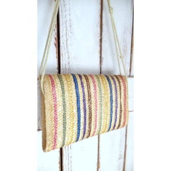 Vintage tan striped straw envelope shoulder purse - Picture 5 of 6